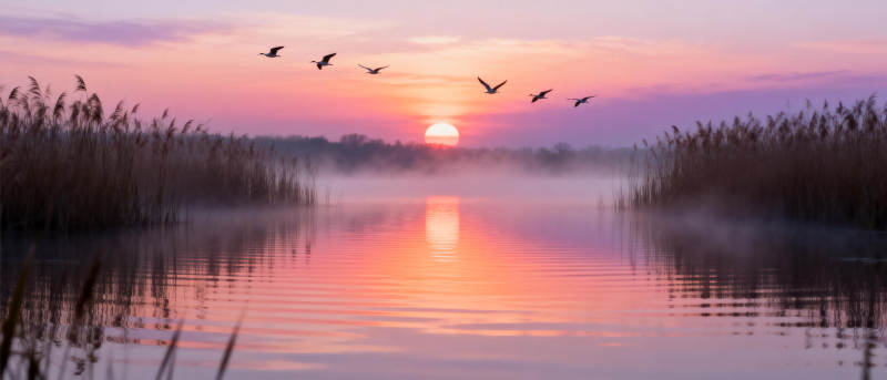 晨雾湖光飞鸟影图片