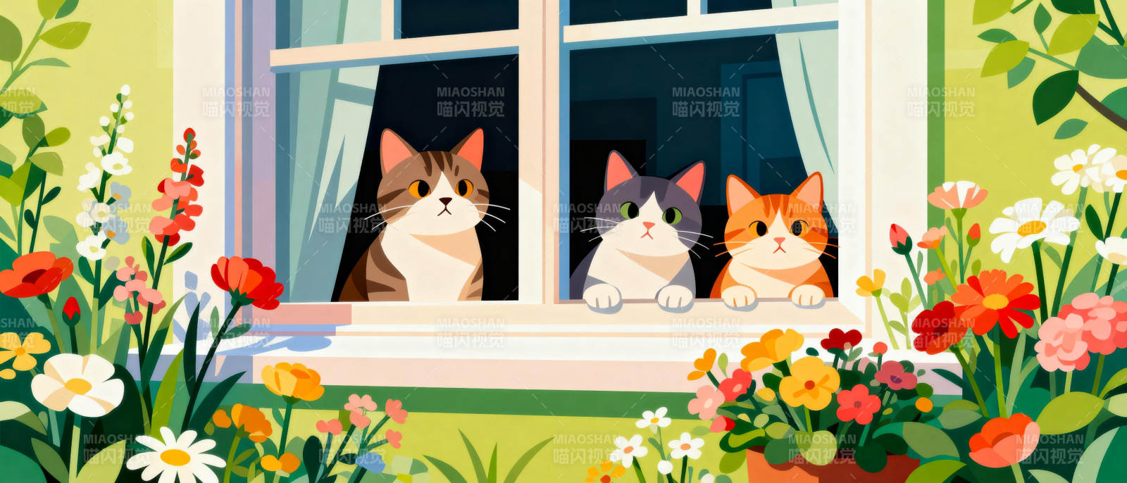 窗台三猫赏花图片