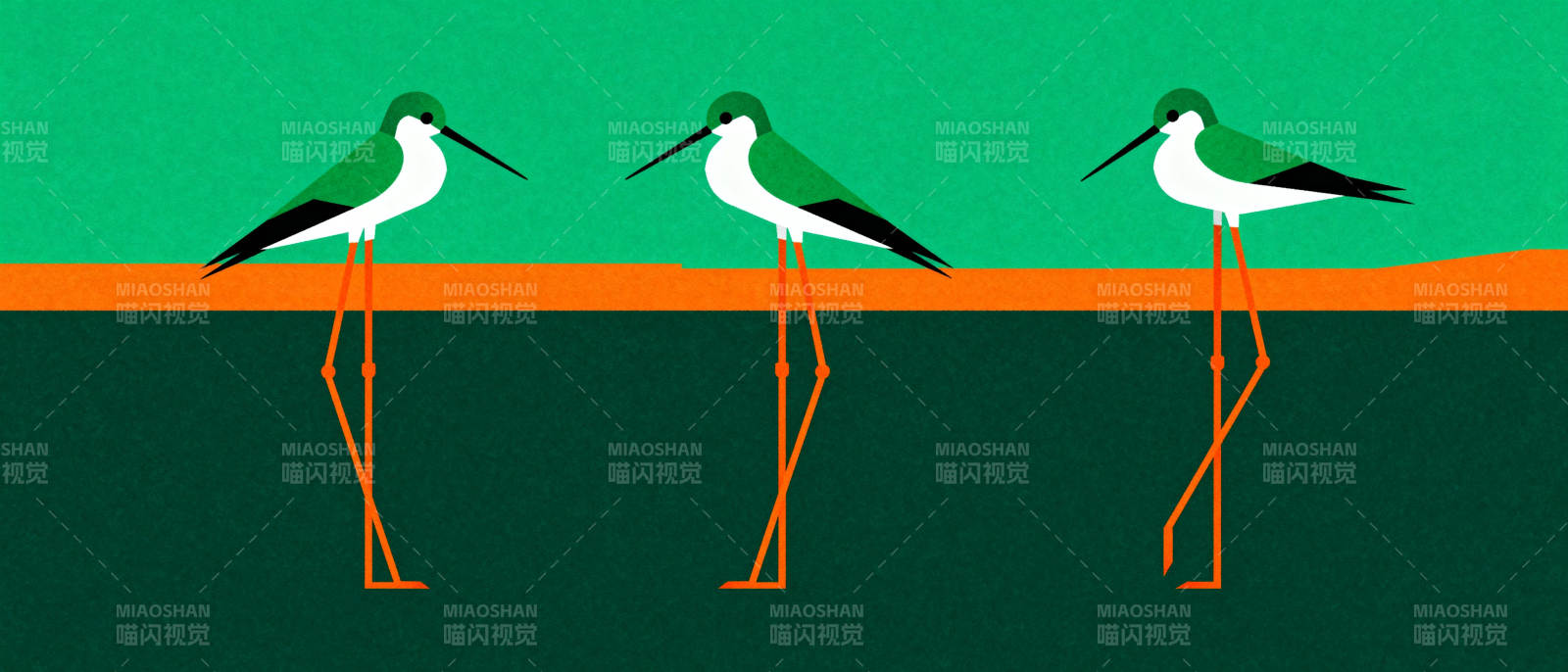 三只长腿鸟立橙线图片