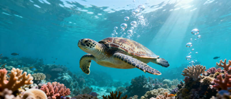 海龟游弋珊瑚礁图片
