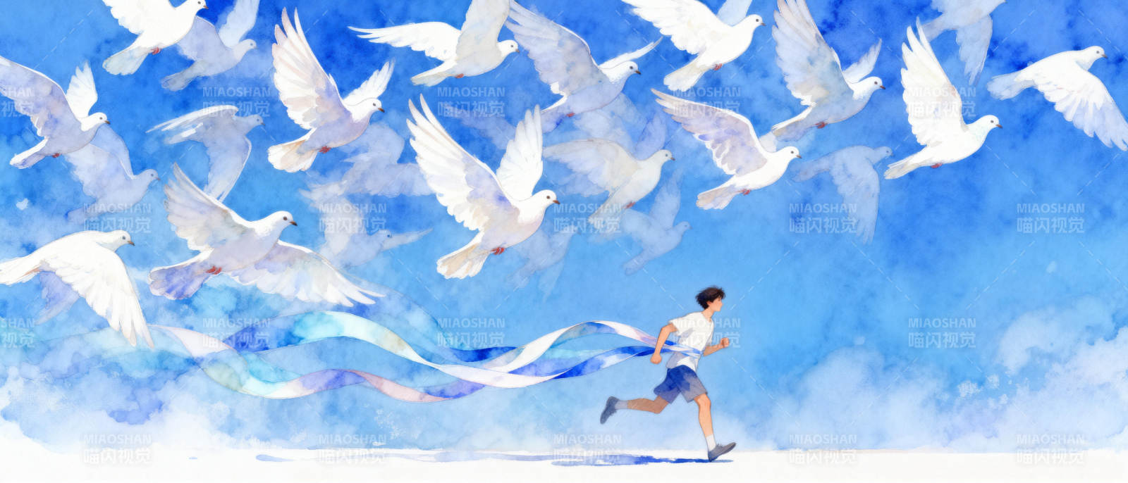 奔跑的少年与白鸽图片