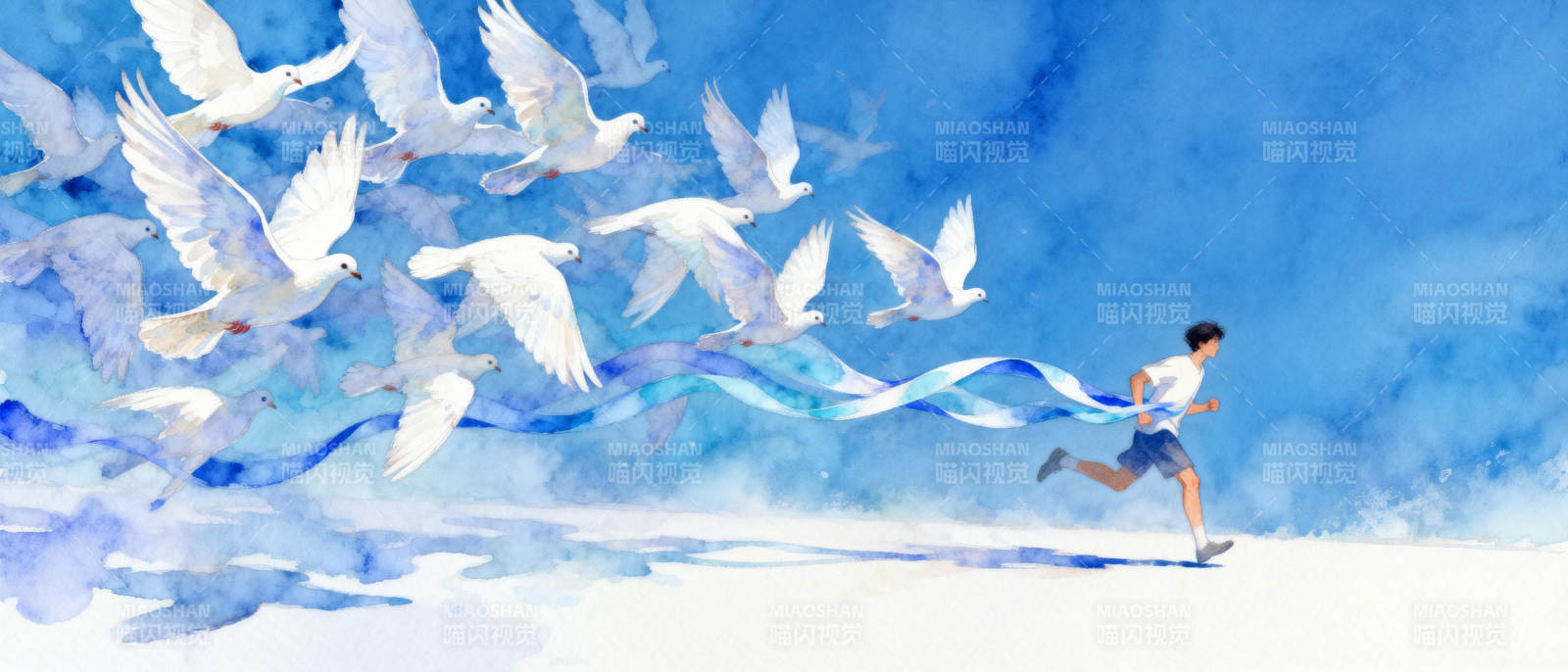 奔跑的少年与白鸽图片