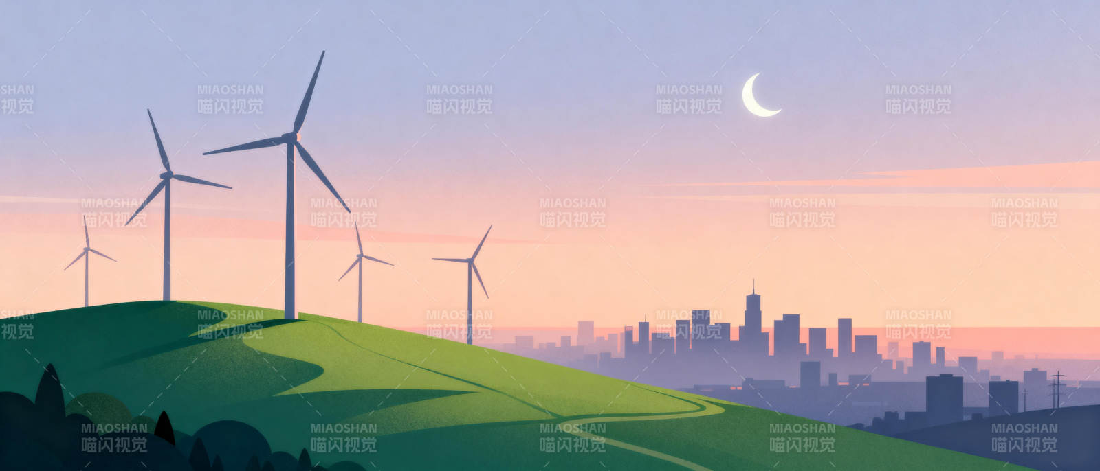 风车与城市夜景图片