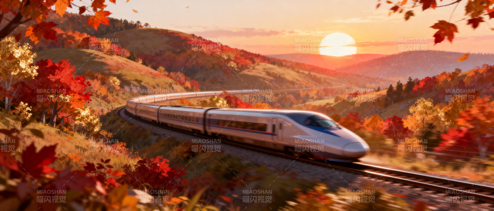 秋日列车驶过山林图片