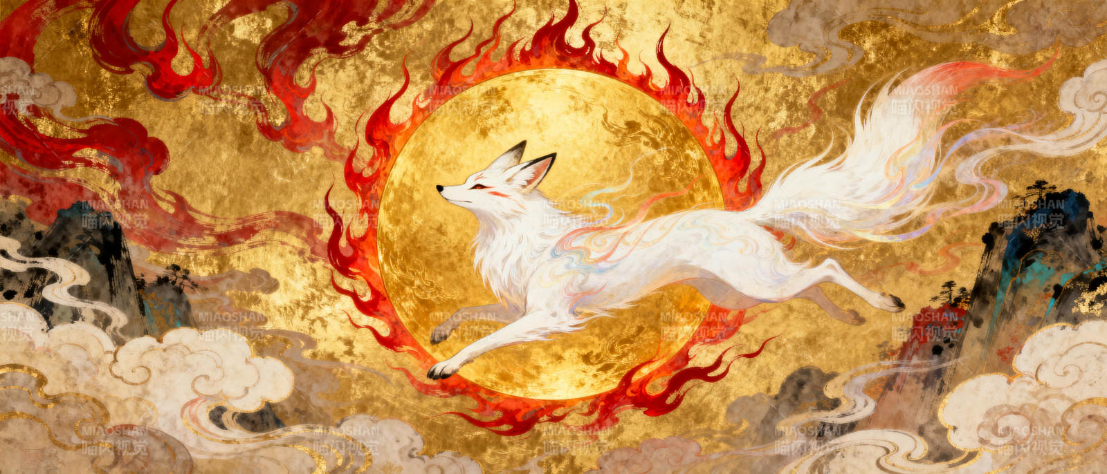 狐跃火日图片