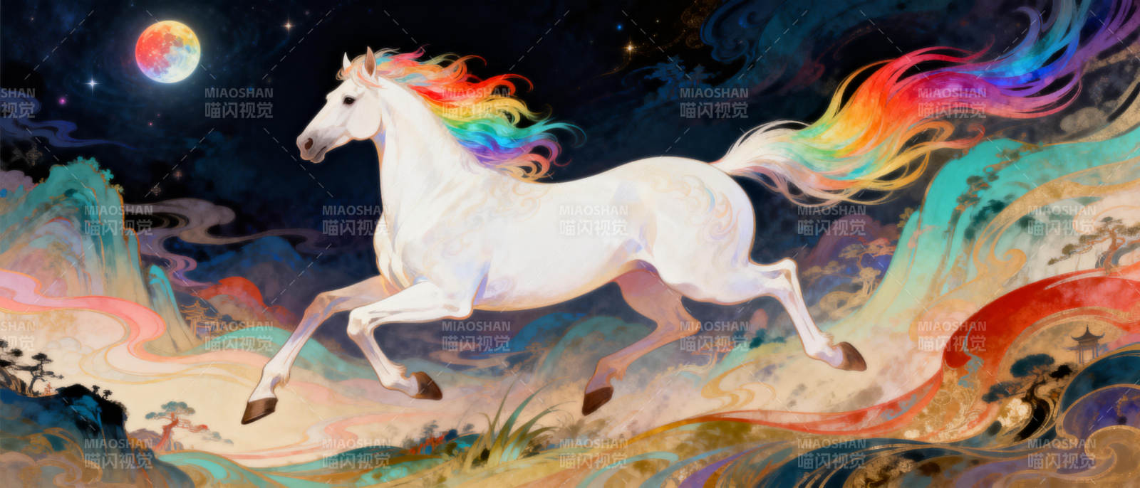 彩虹马奔腾夜空图片
