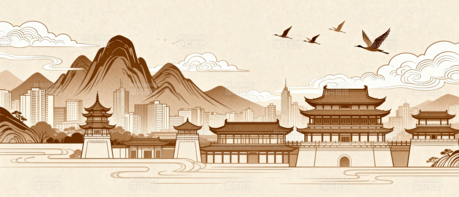 山水城楼图图片