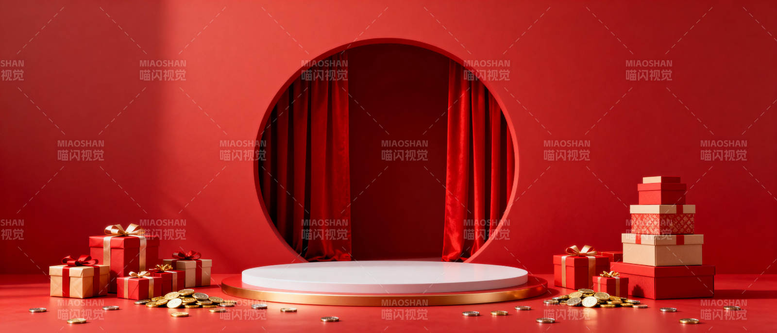 红色舞台礼盒场景图片