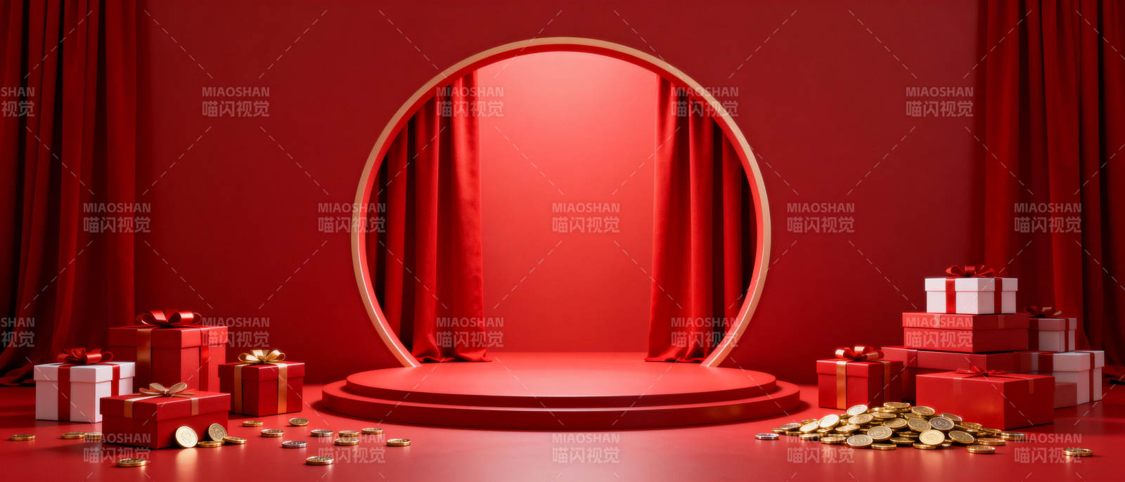 红色舞台礼盒场景图片