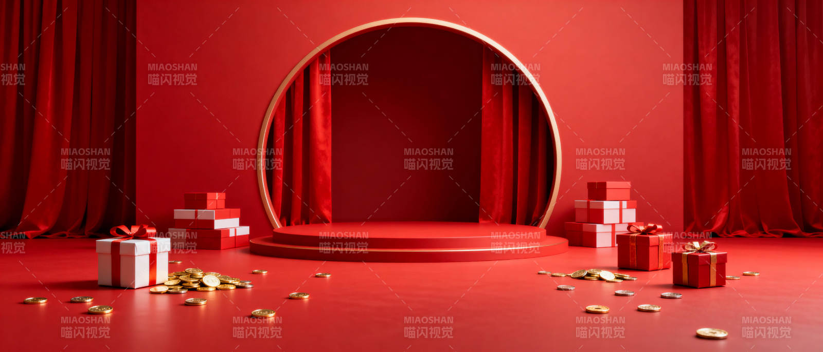 红色舞台礼盒场景图片