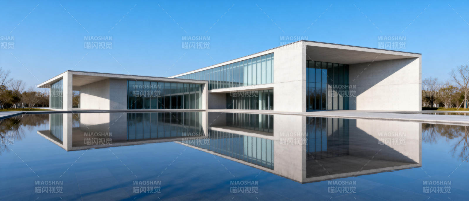 现代建筑倒影湖中图片