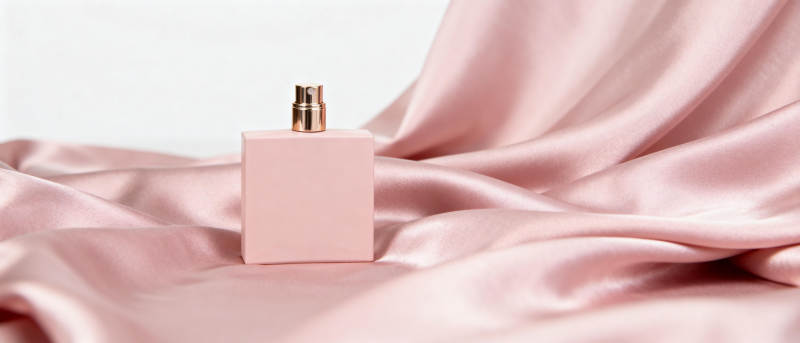 粉色香水瓶静置丝缎图片