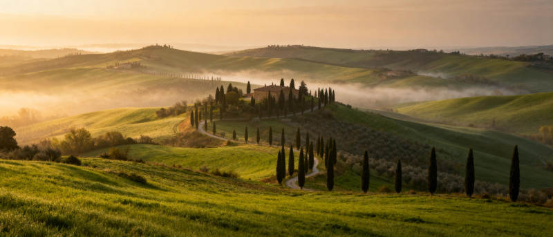 晨雾中的托斯卡纳田园图片