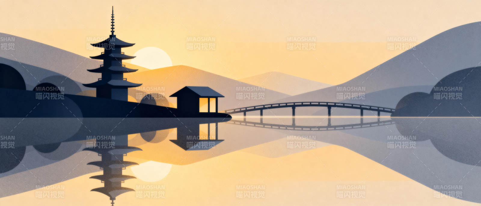 湖畔塔影日出图片