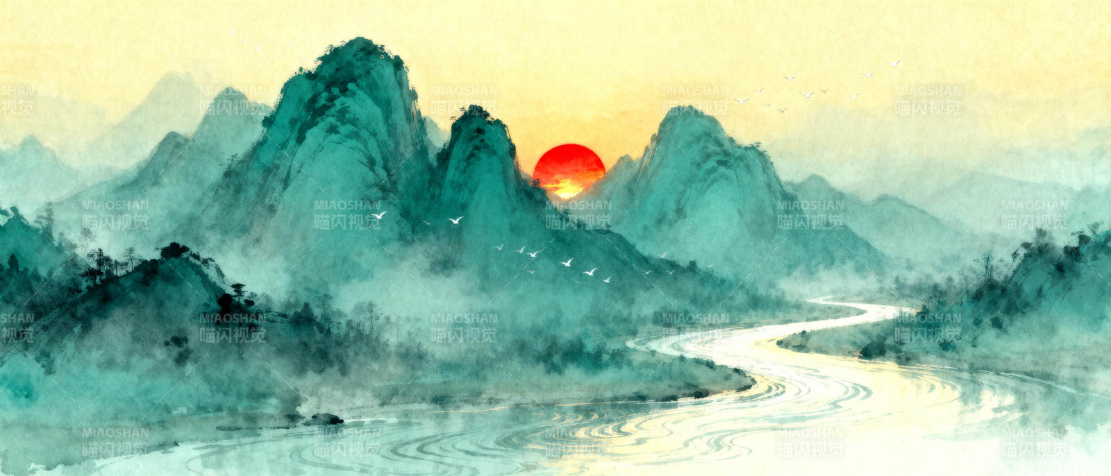 山水晨曦图图片