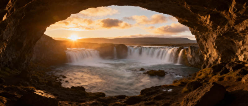 洞中观瀑日落图片