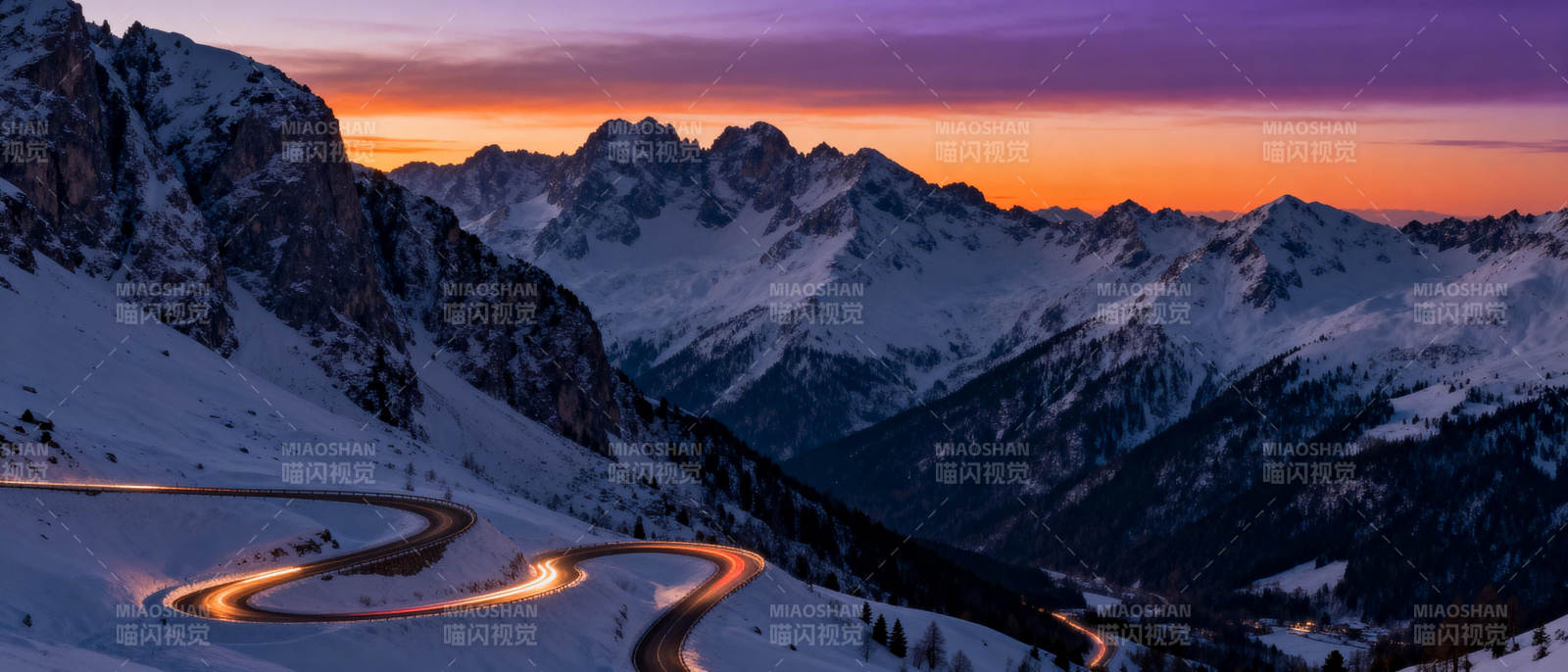 雪山日落公路图片