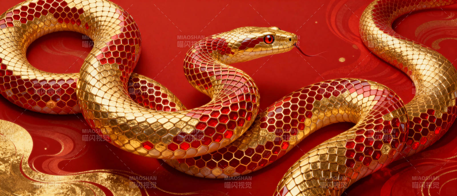 金蛇盘绕红背景图片