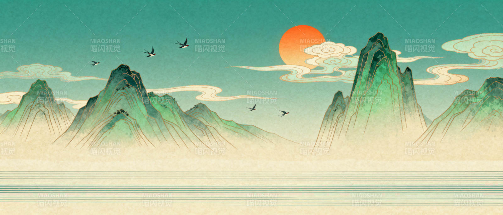 山水晨曦图图片