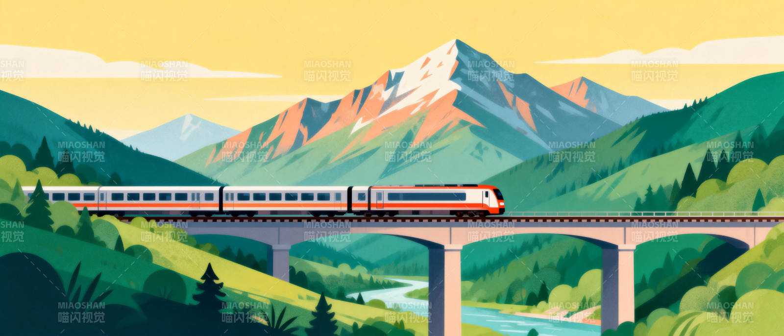 雪山列车穿越山谷图片