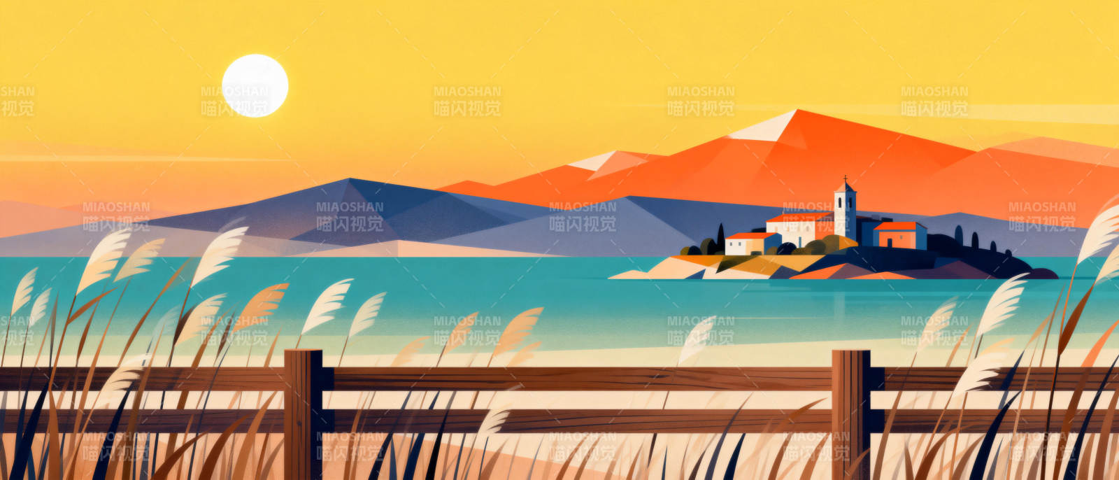 湖畔日落风光图片