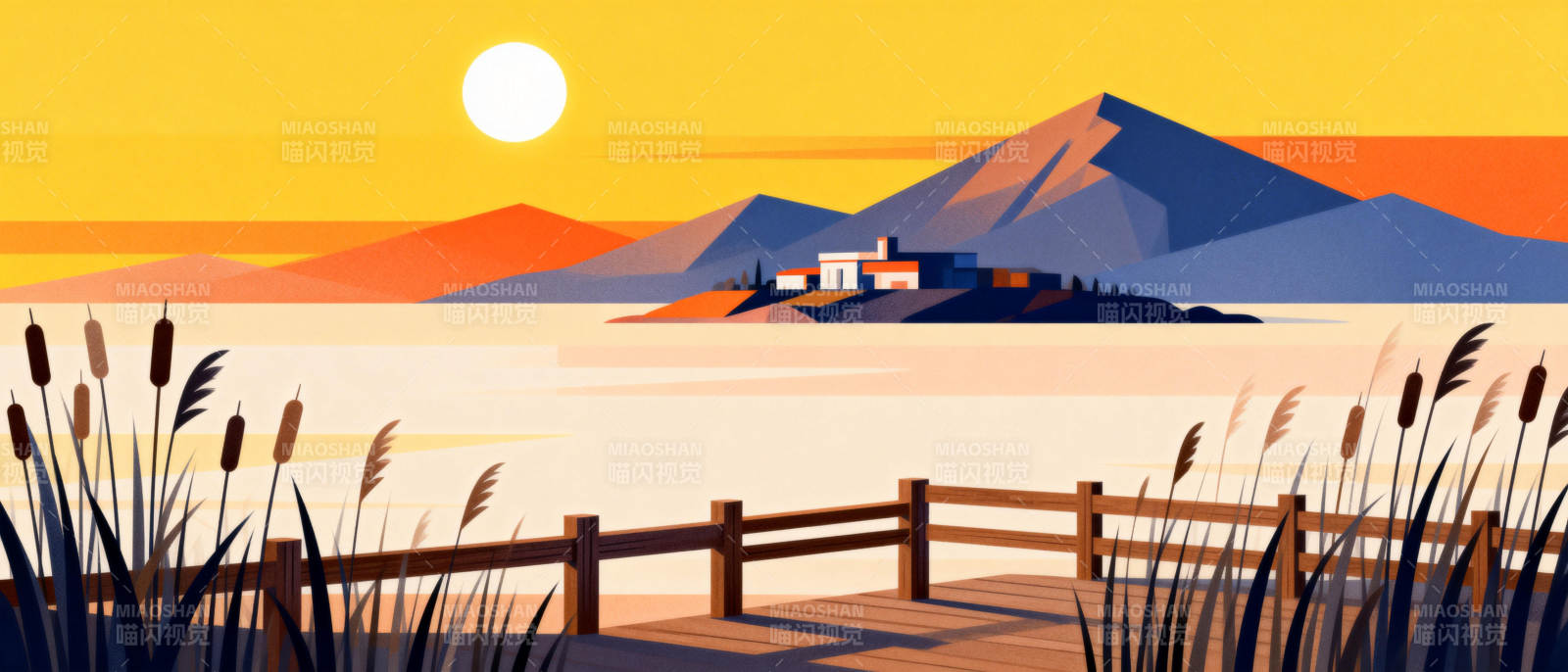 湖畔日落静景图片