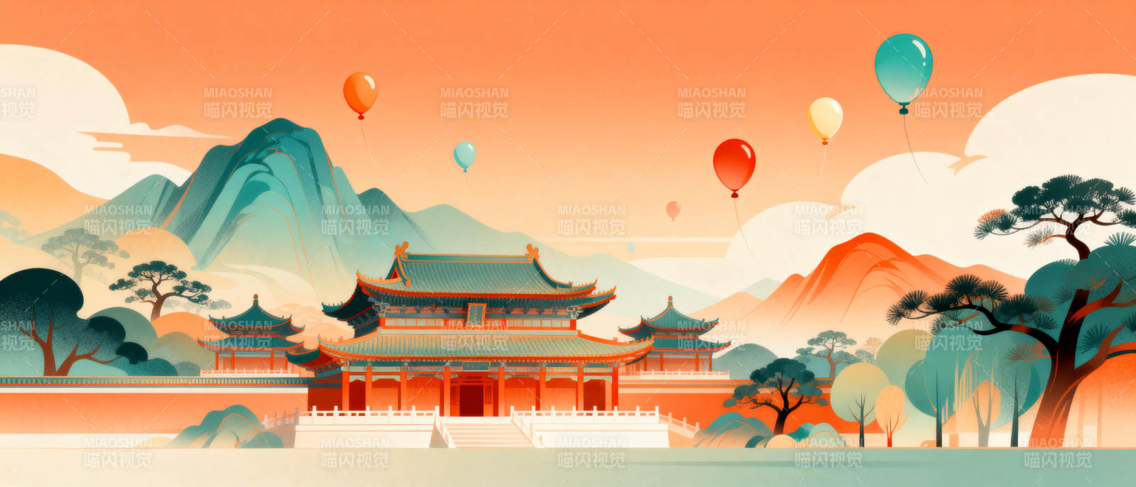 山水古韵 气球飘飞图片