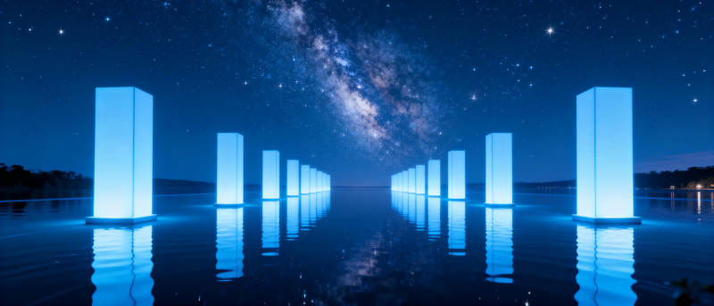 星夜蓝柱倒影图片