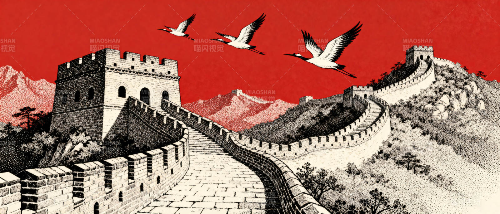 长城飞鸟图图片