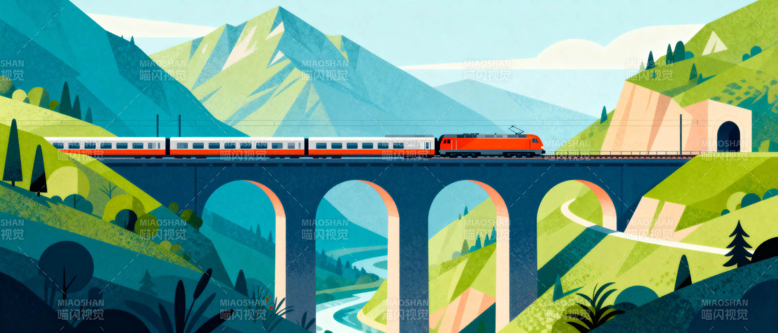 山间列车穿越桥隧图片