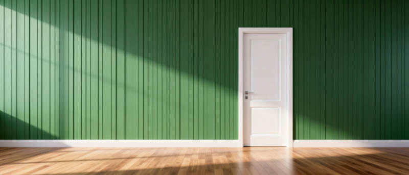 绿墙白门光影交错图片