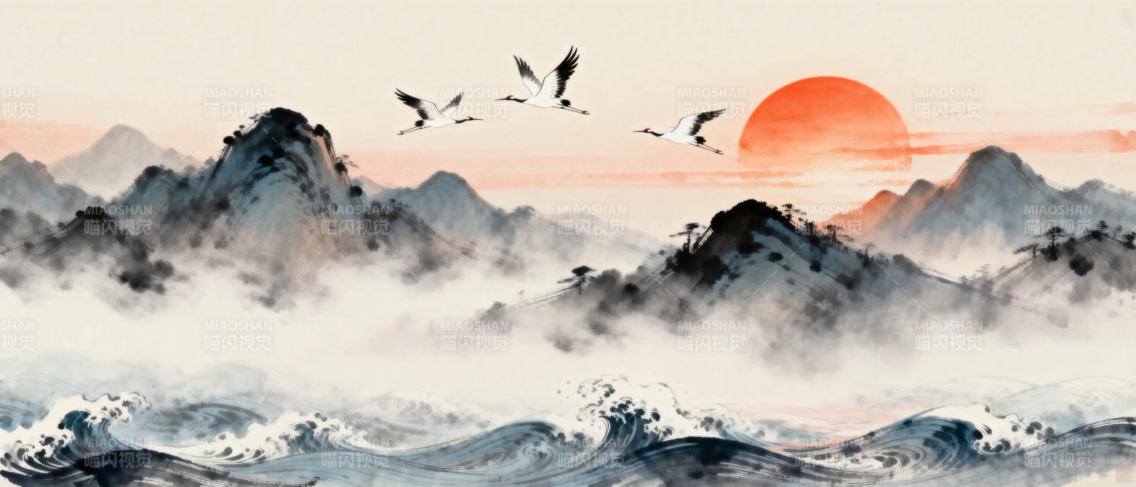 云海日出飞鹤图图片