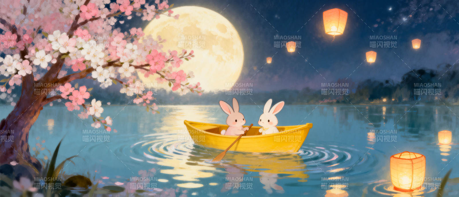 月下兔舟赏花灯图片