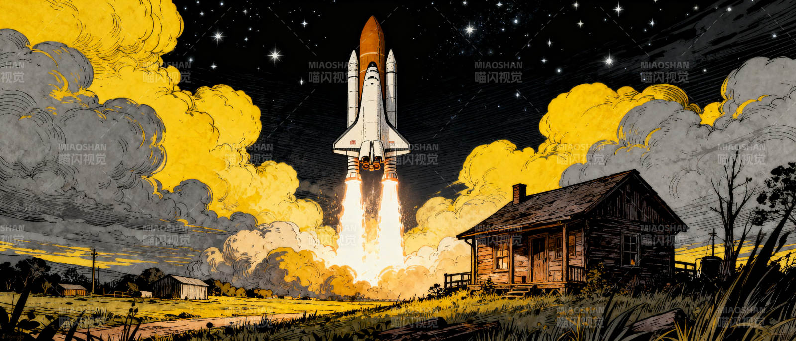 火箭升空 小屋静立图片