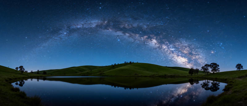 银河映湖夜景图片