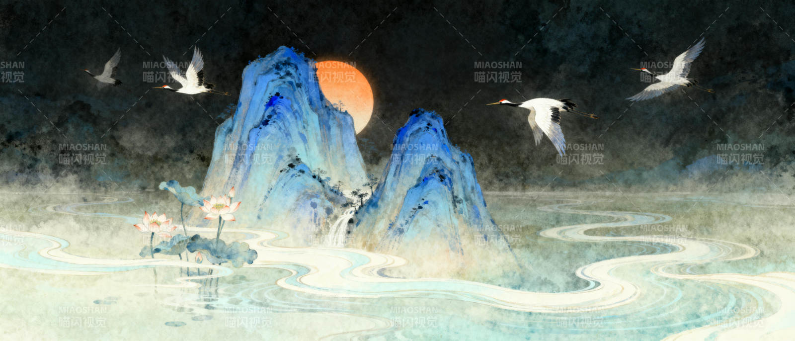 山水月夜鹭飞图片