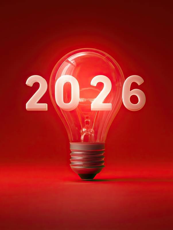 红色背景灯泡与2026数字创意设计图片