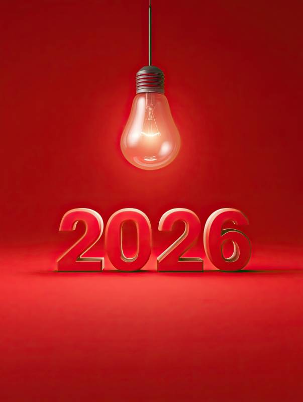 红色背景下的发光灯泡与数字2026图片
