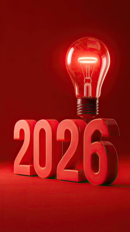 红色背景2026数字与发光灯泡图片