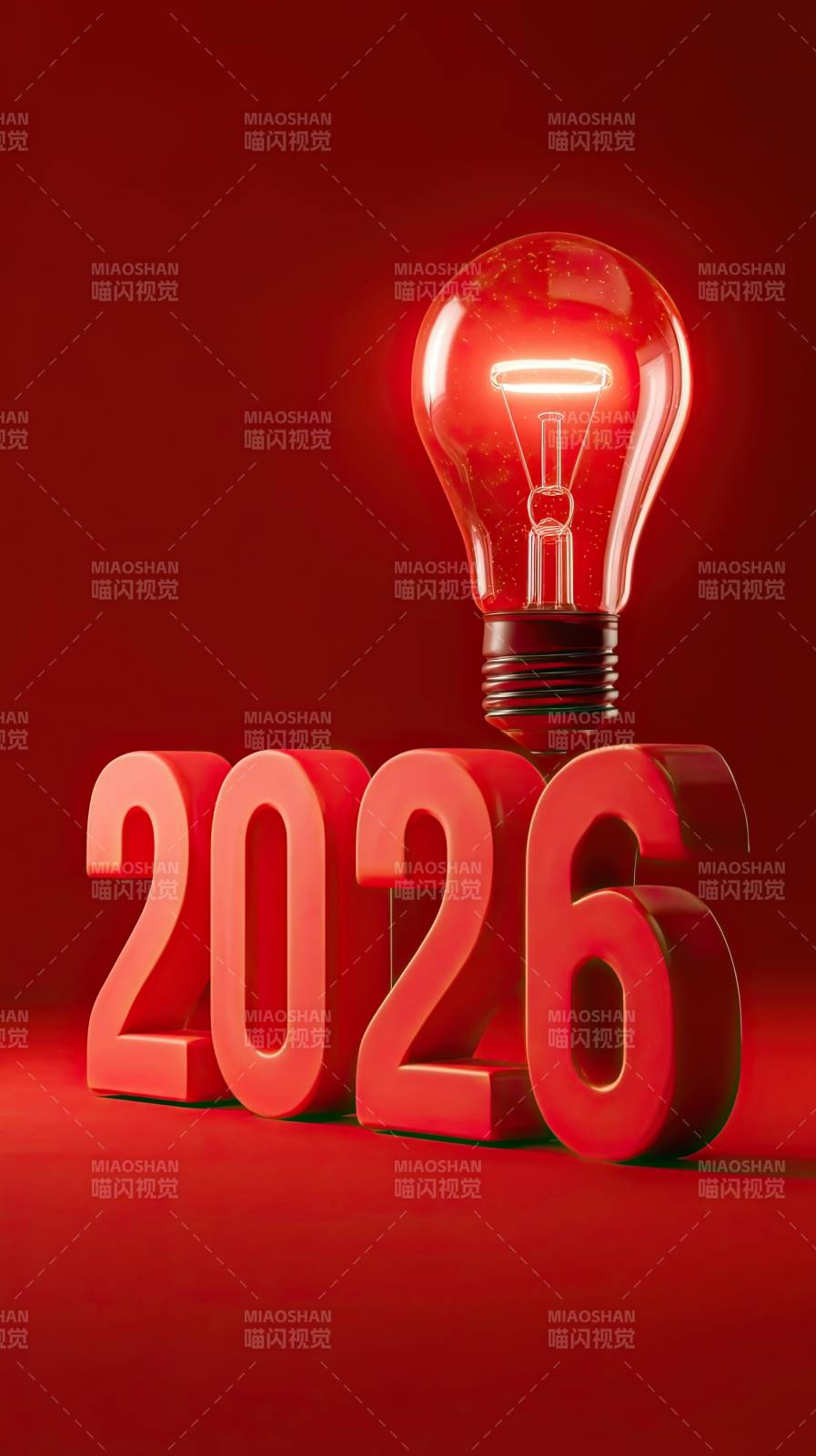 红色背景2026数字与发光灯泡图片