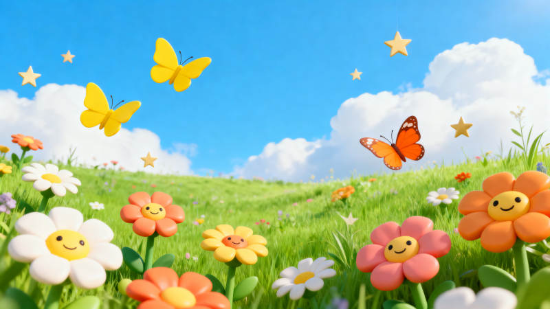卡通花海与蝴蝶的欢乐场景图片