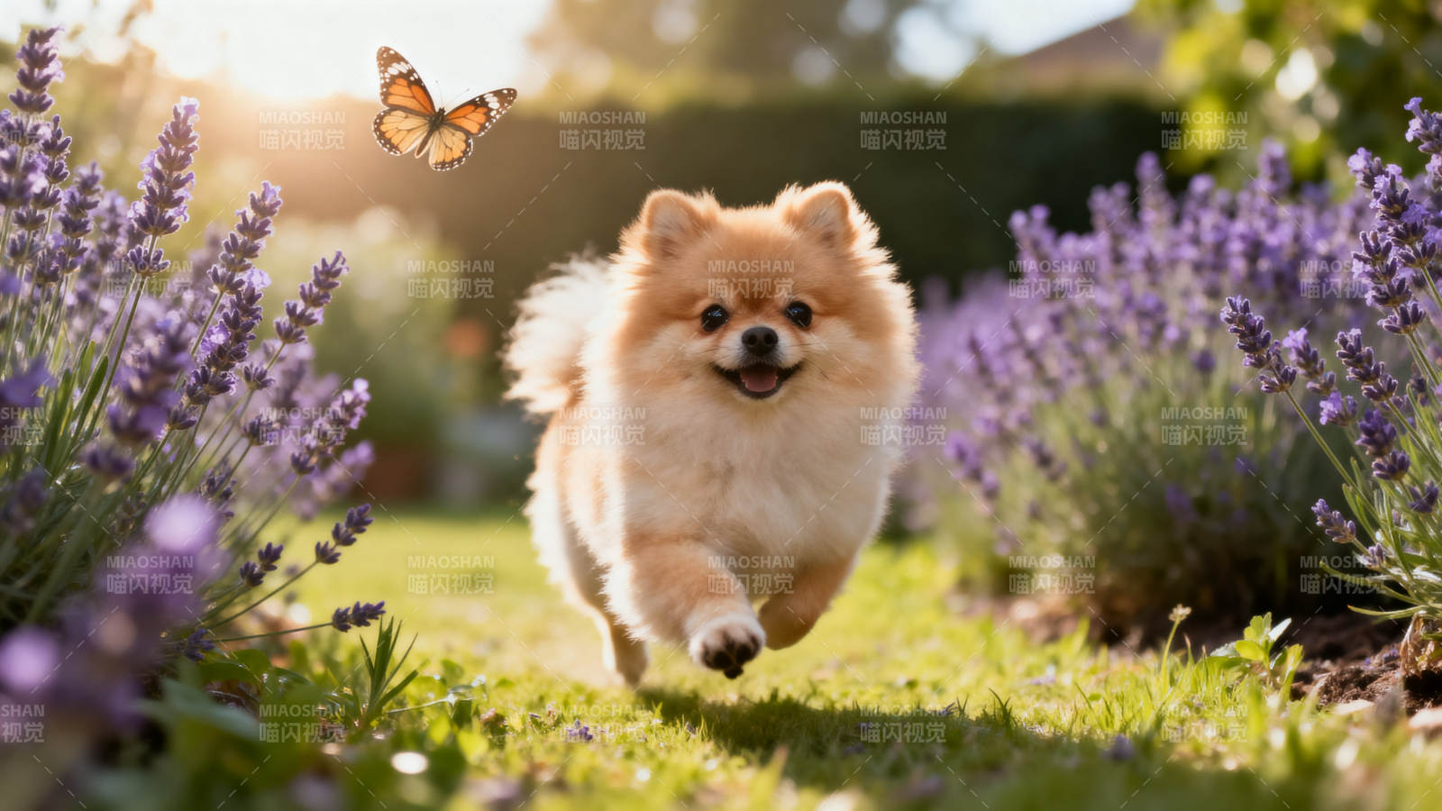 博美犬奔跑在薰衣草花园图片