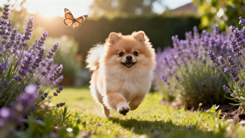 博美犬奔跑在薰衣草花园图片