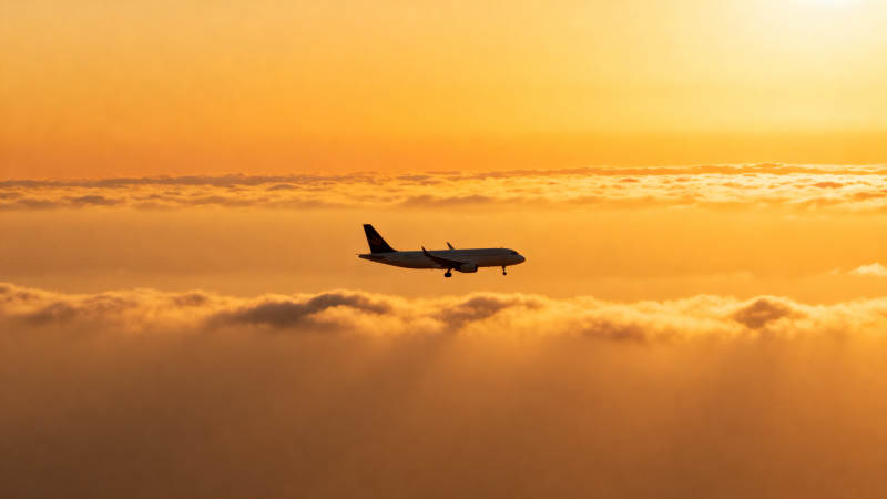 夕阳云海中的飞机图片