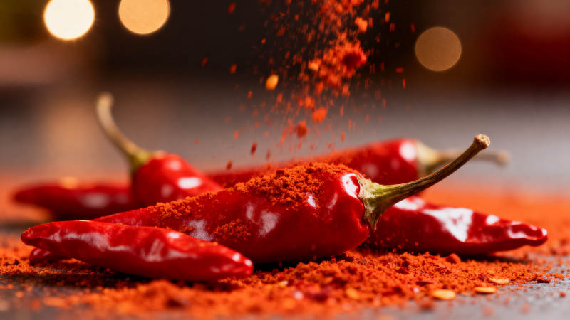 红辣椒与辣椒粉的特写图片