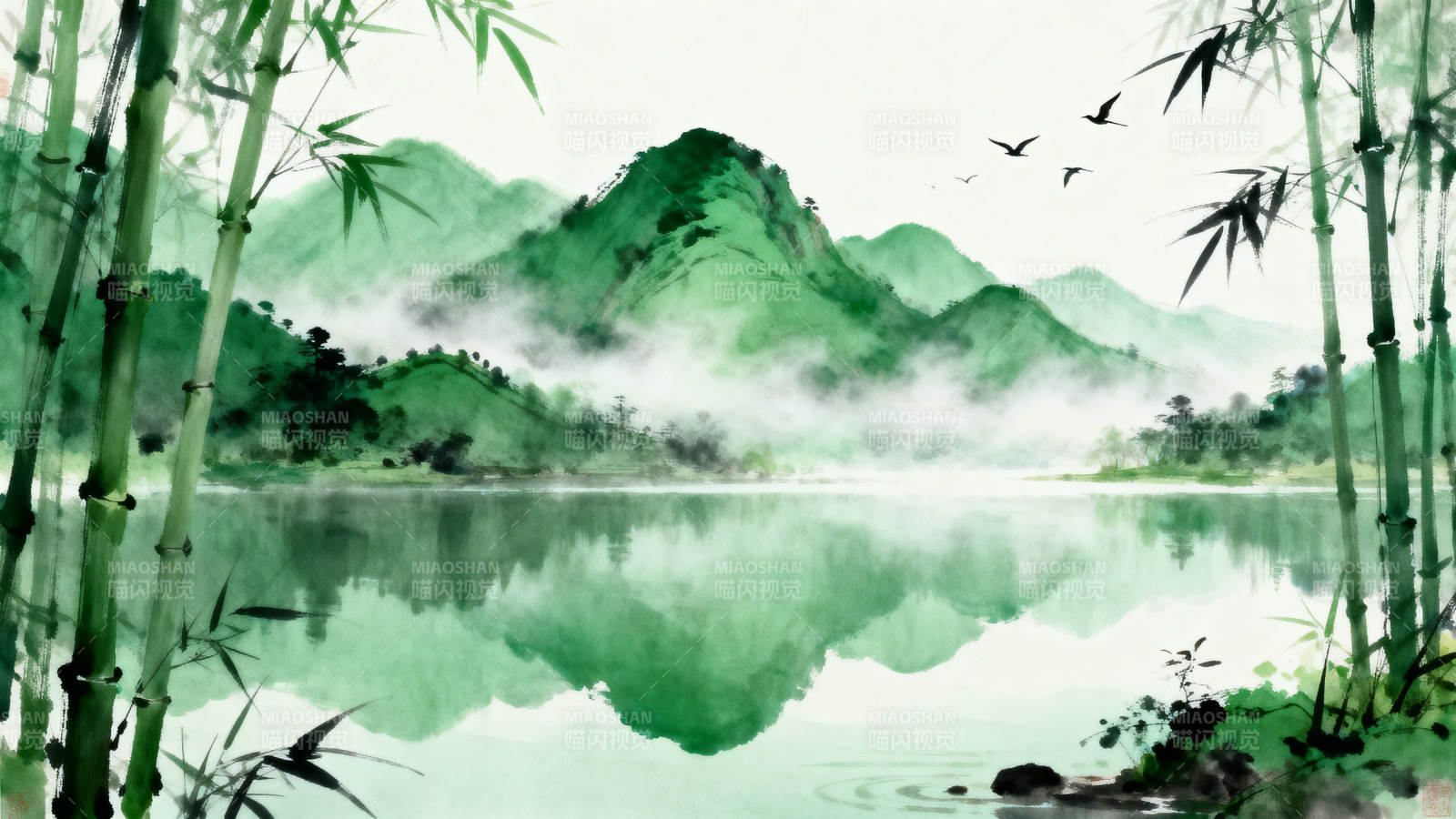 山水竹林水墨画意境图片