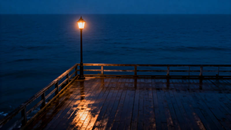 夜晚海港木栈道灯图片