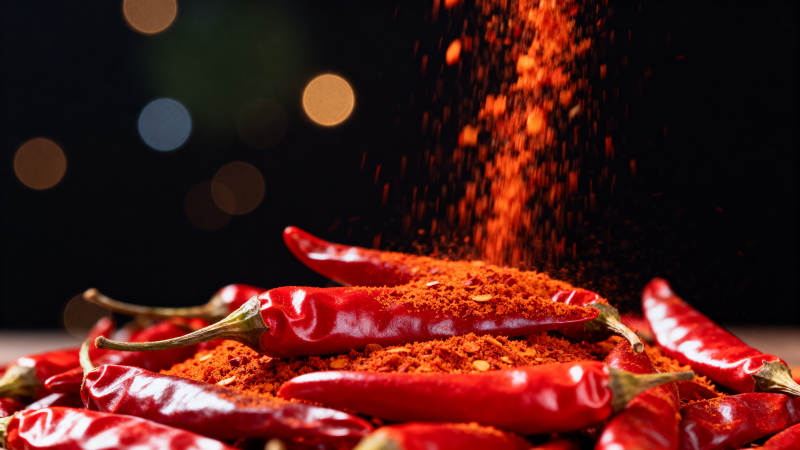 红辣椒与辣椒粉的特写图片