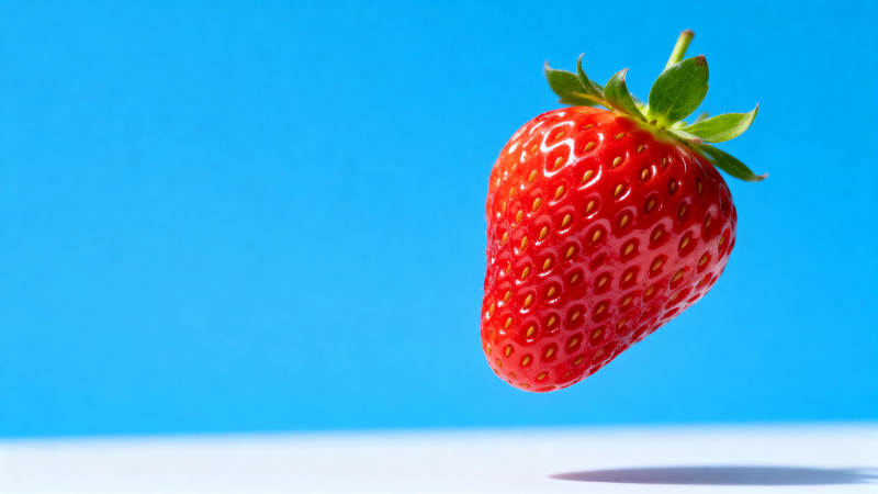 鲜红草莓悬浮蓝背景图片