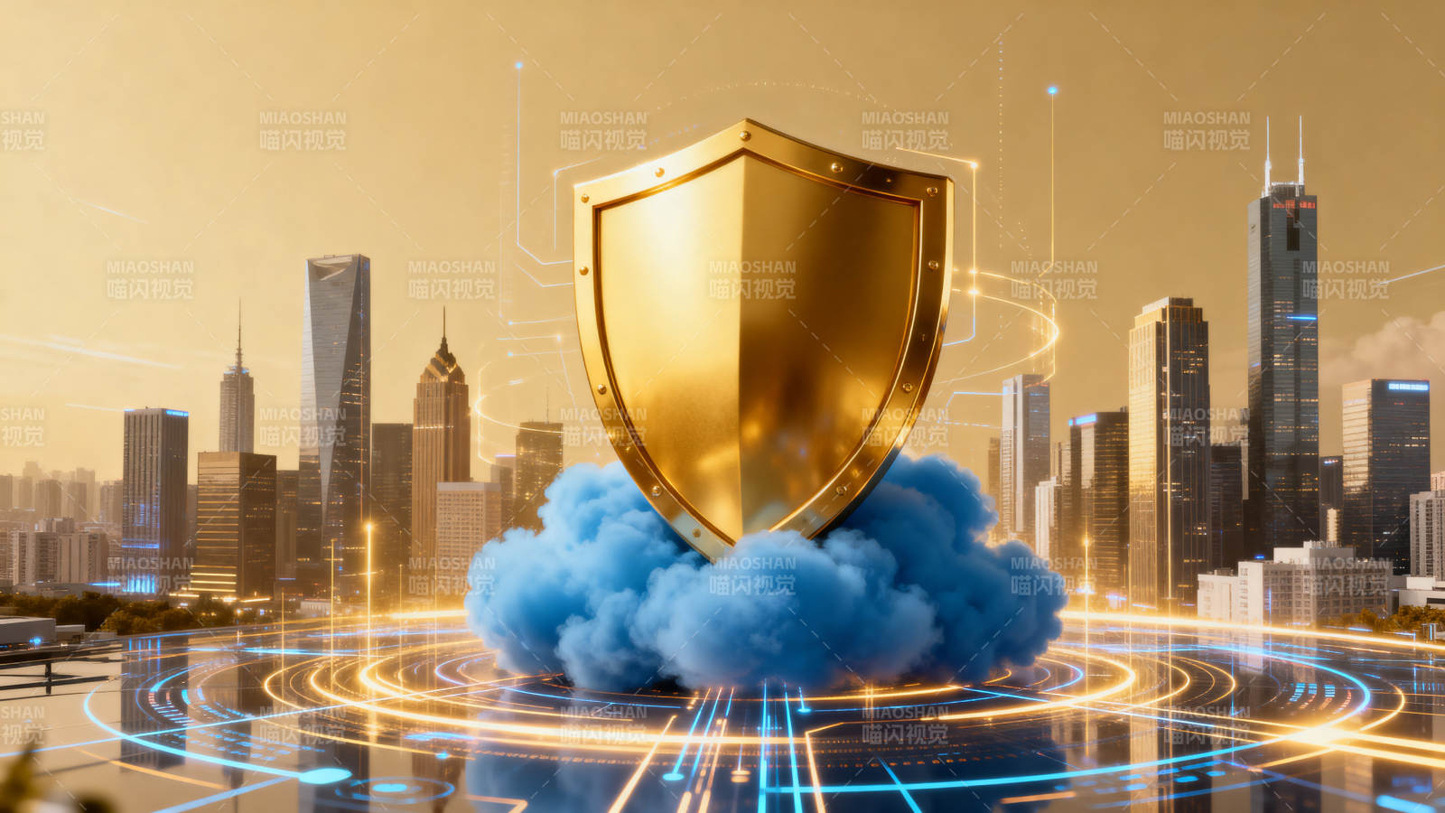 金色盾牌城市科技安全图片